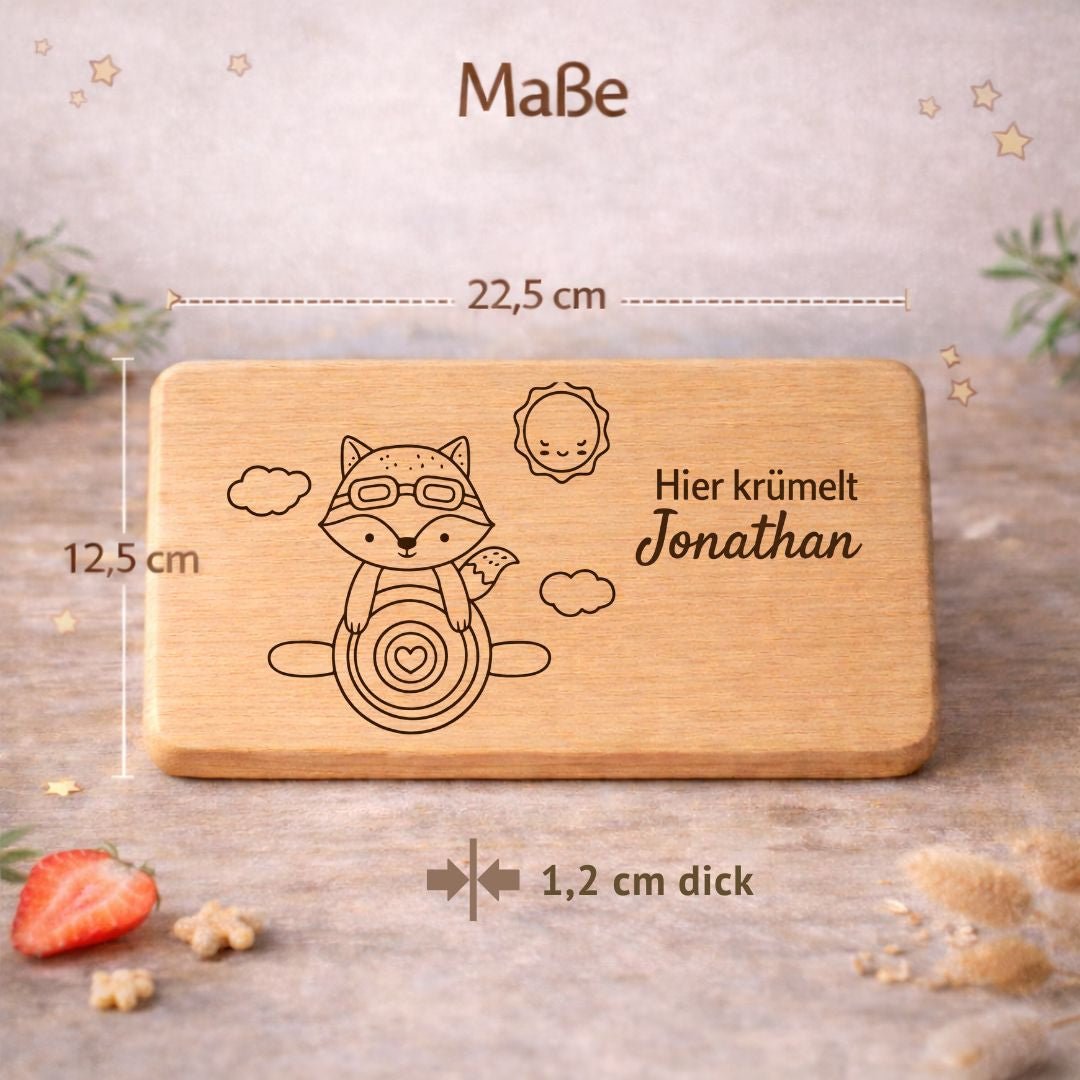 Personalisierte Frühstücksbrettchen aus Holz - Fuchs & Flugzeug - DwieDeko