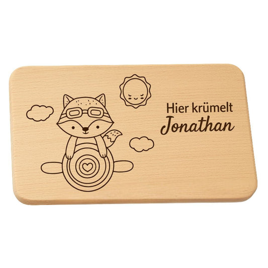 Personalisierte Frühstücksbrettchen aus Holz - Fuchs & Flugzeug - DwieDeko
