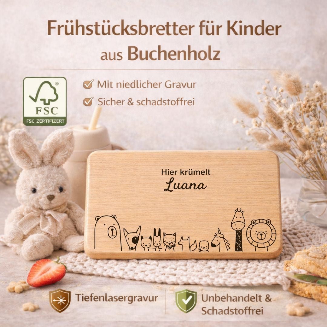 Personalisierte Frühstücksbrettchen für Kinder - 10 Tierfreunde - DwieDeko