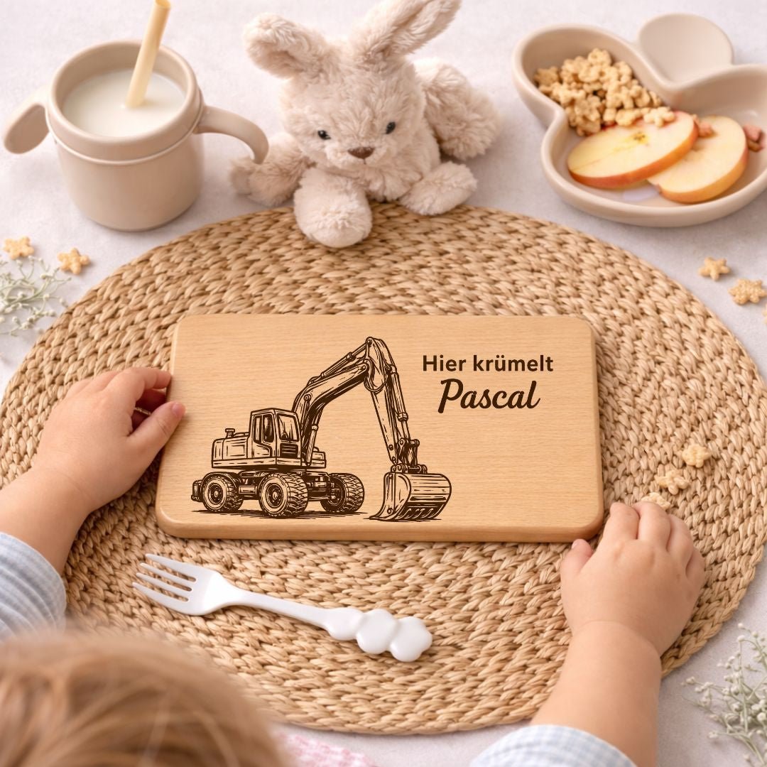 Personalisierte Frühstücksbrettchen für Kinder - Bagger 3D - DwieDeko