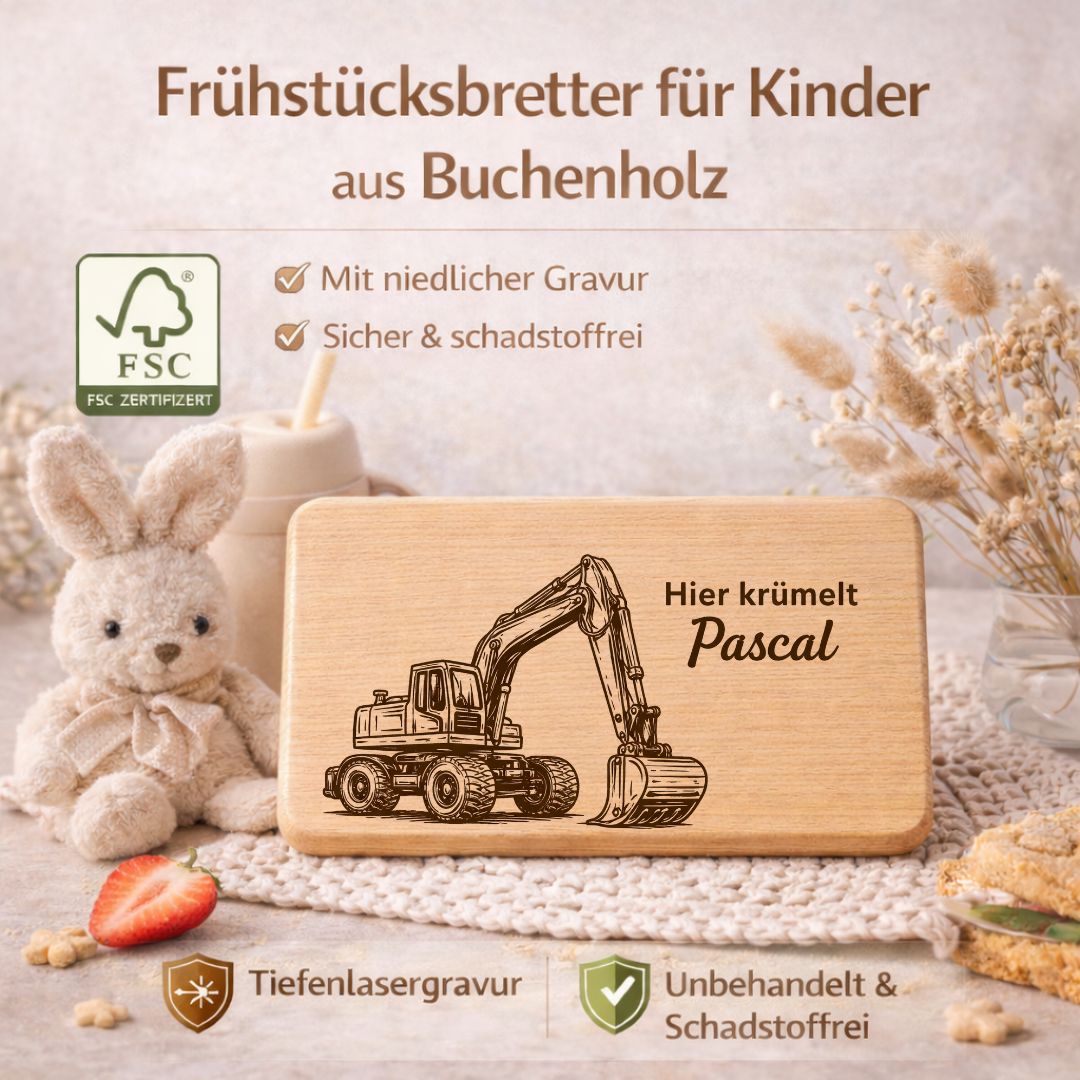 Personalisierte Frühstücksbrettchen für Kinder - Bagger 3D - DwieDeko