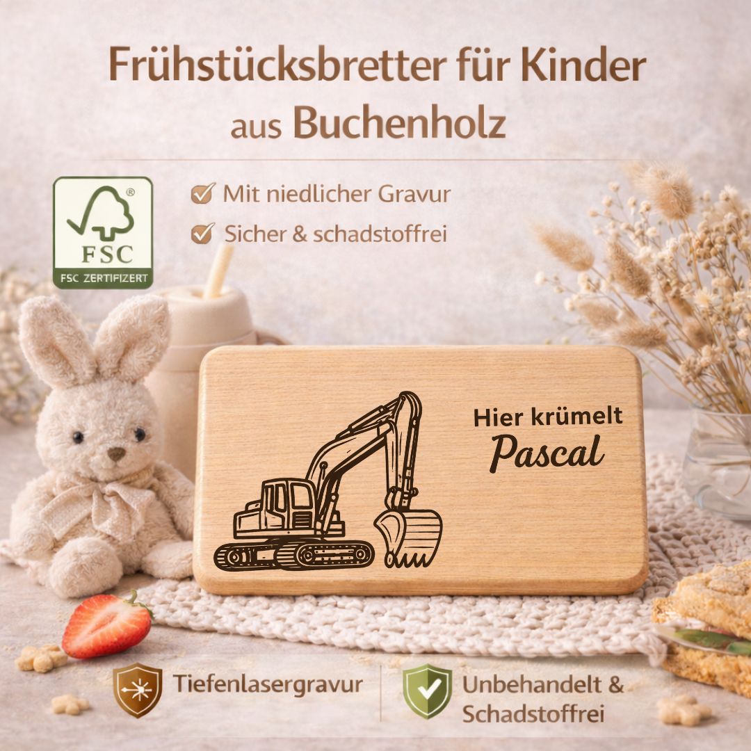 Personalisierte Frühstücksbrettchen für Kinder - Bagger - DwieDeko