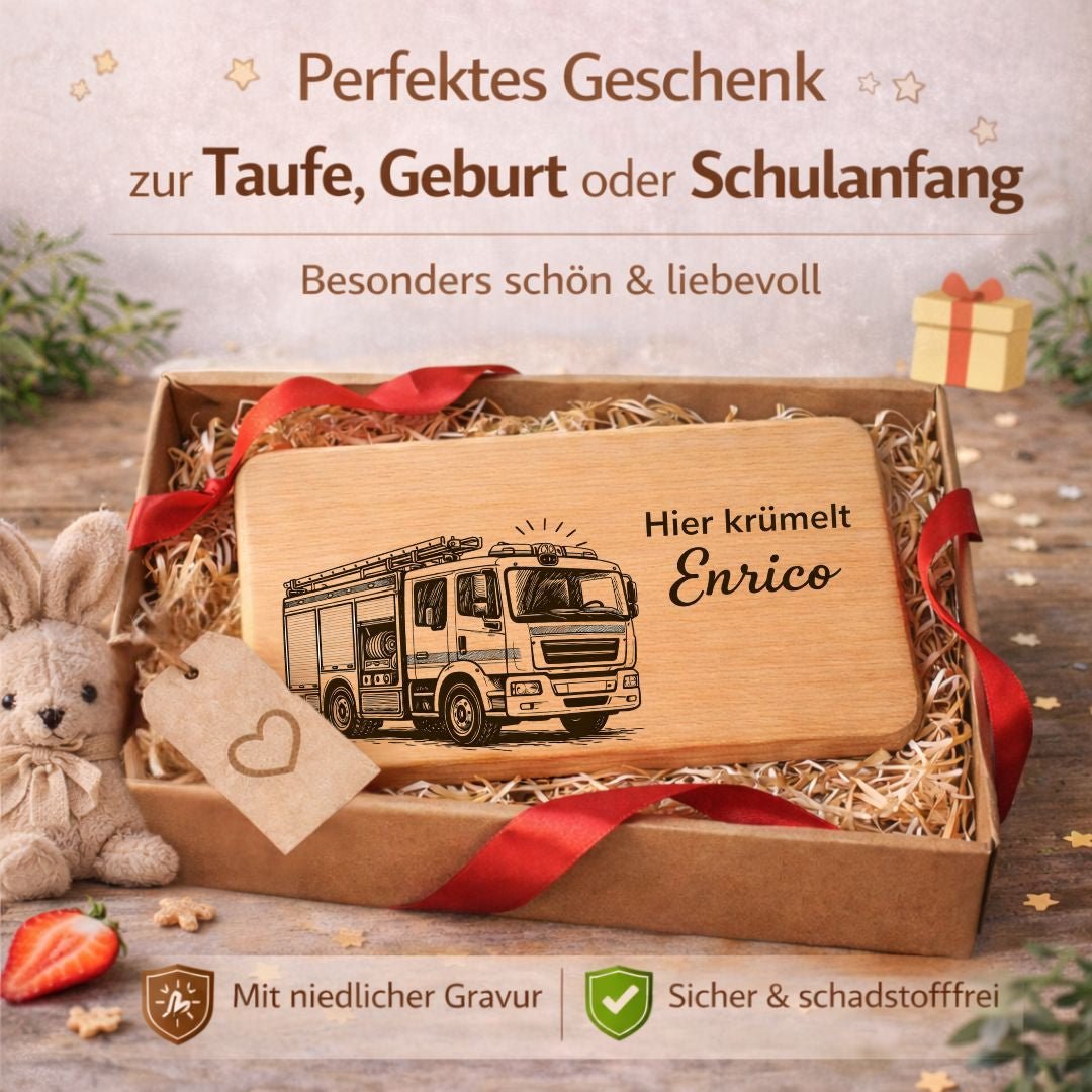 Personalisierte Frühstücksbrettchen für Kinder - Feuerwehrauto - DwieDeko