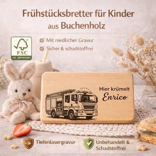 Personalisierte Frühstücksbrettchen für Kinder - Feuerwehrauto - DwieDeko