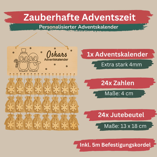 Personalisierter Adventskalender mit Namen - Laser Gravur Pinguine Paar - Komplettset mit Jutebeutel - Weihnachtsdeko
