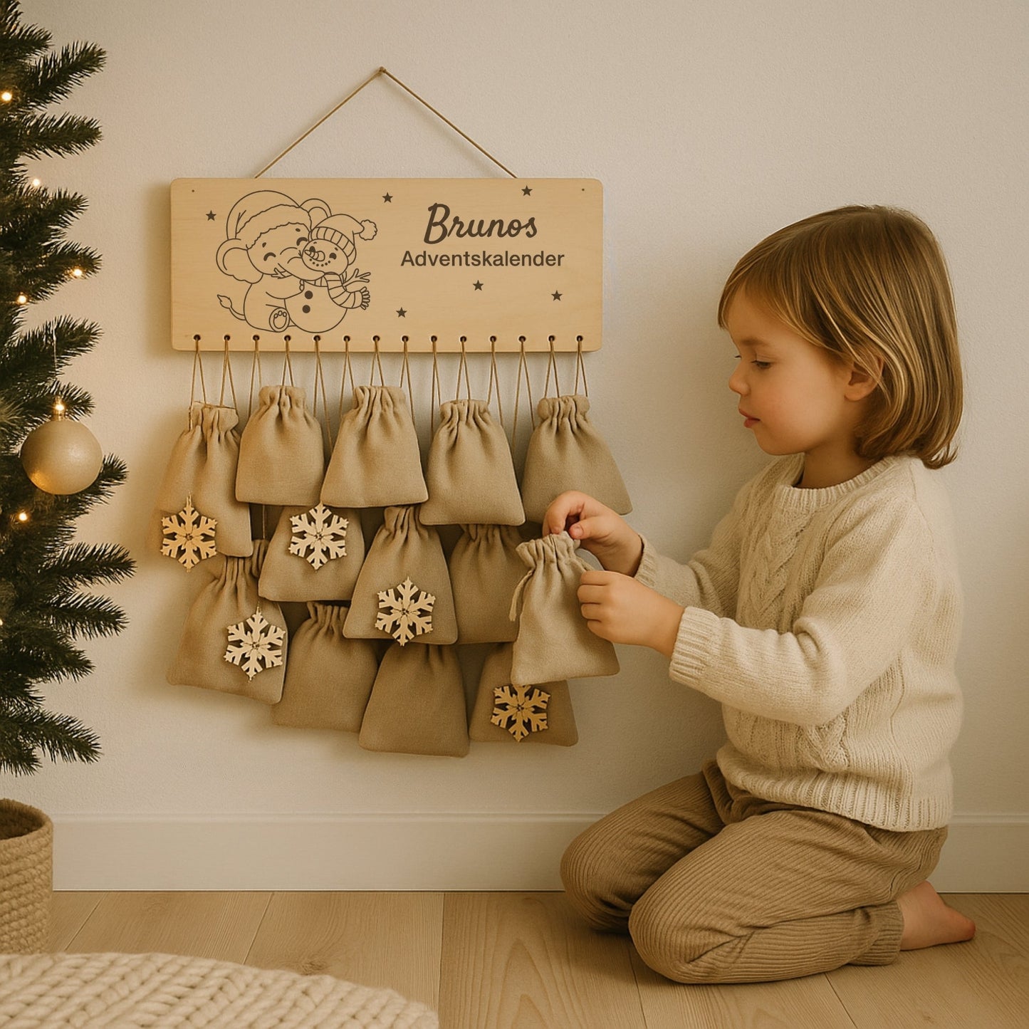 Personalisierter Adventskalender Holz - Elefant mit Schneemann - DwieDeko