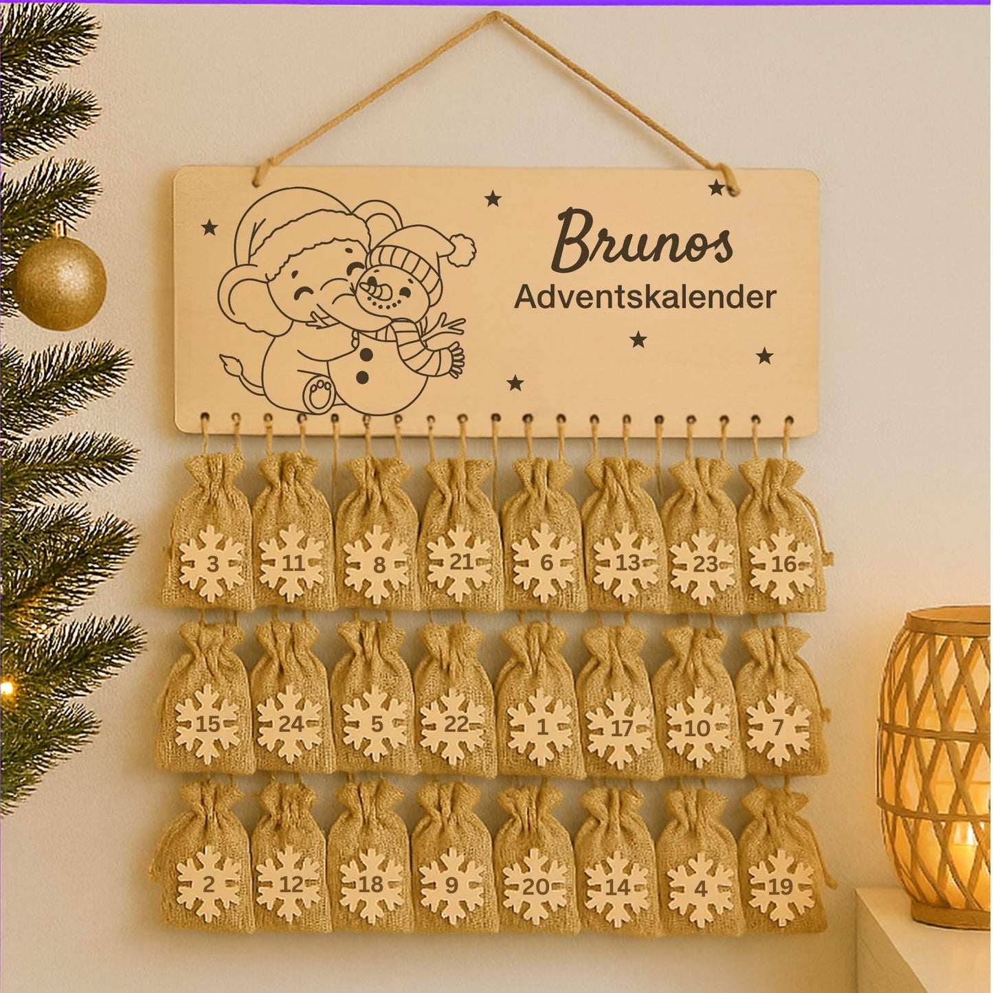 Personalisierter Adventskalender Holz - Elefant mit Schneemann - DwieDeko