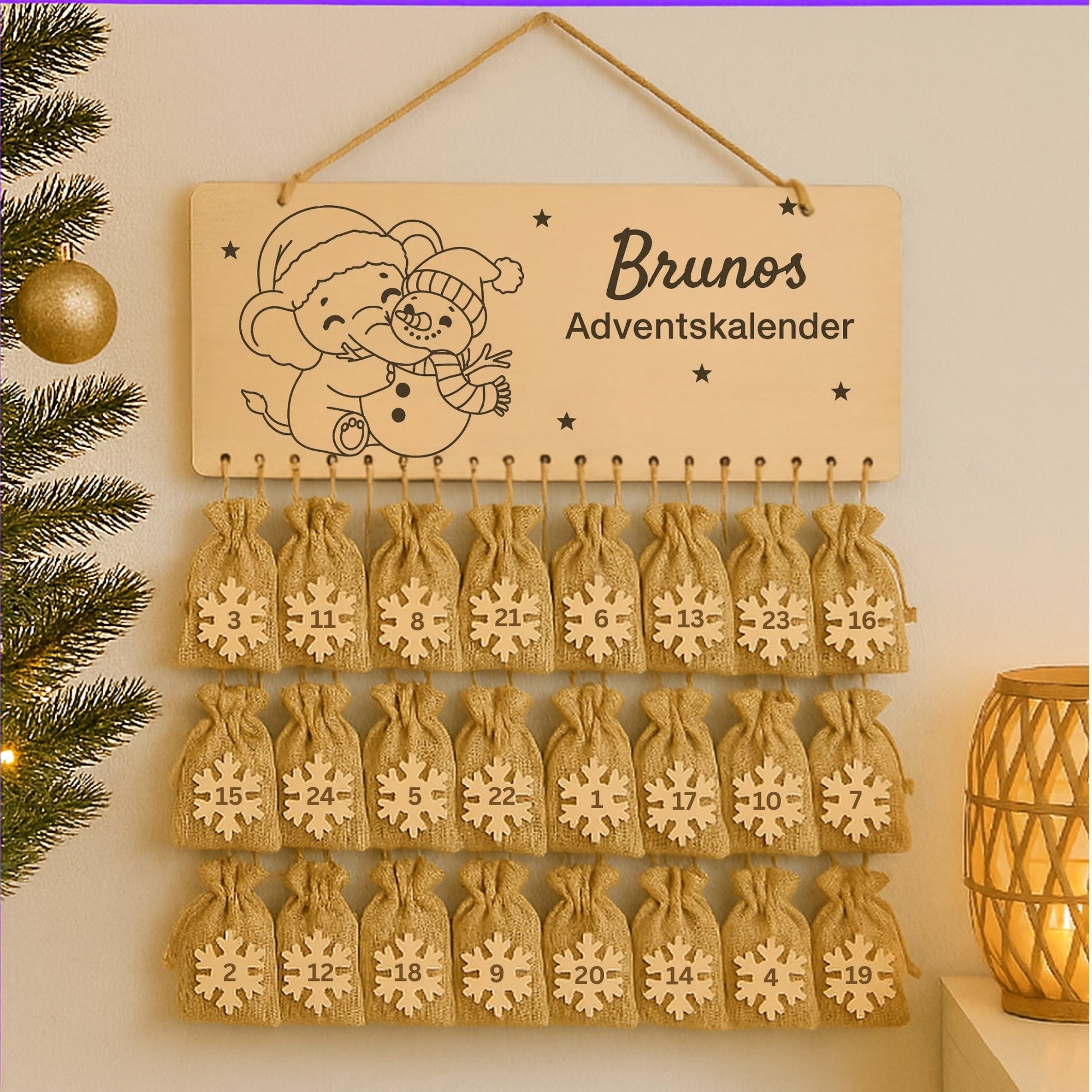 Personalisierter Adventskalender Holz - Elefant mit Schneemann - DwieDeko