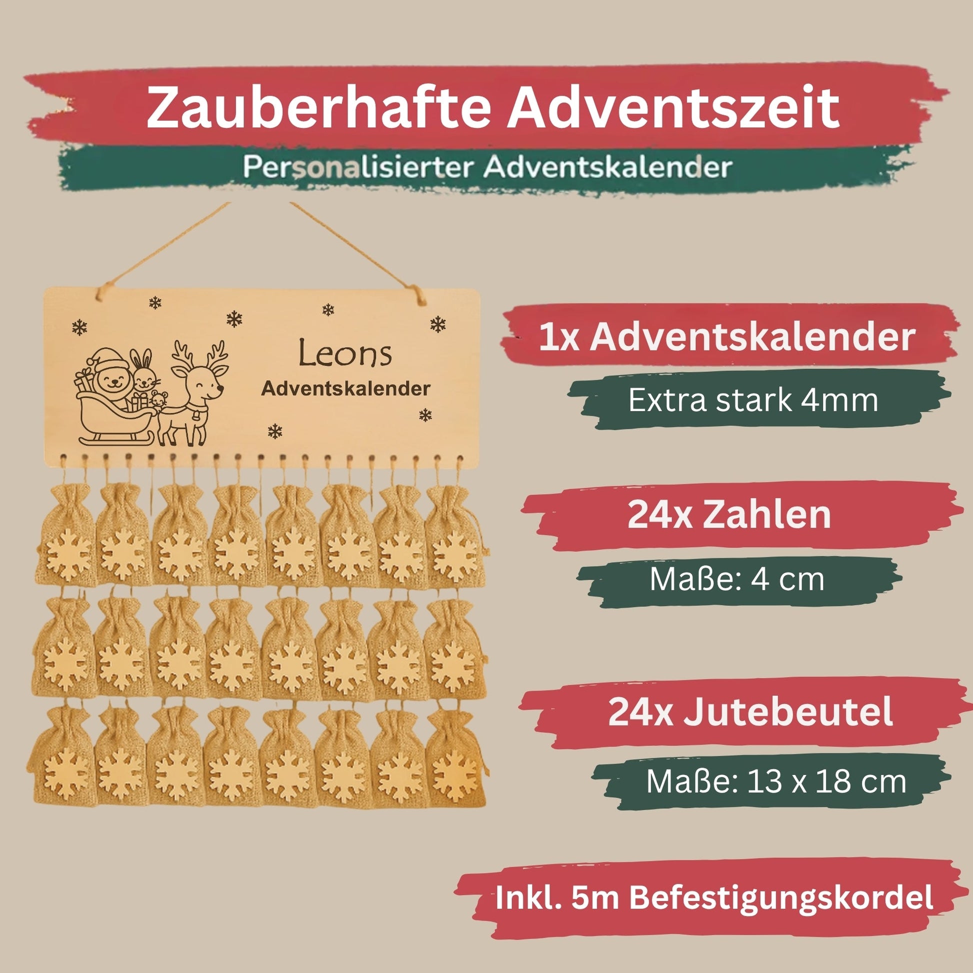 Personalisierter Adventskalender Holz - Kutsche mit Rentier - DwieDeko