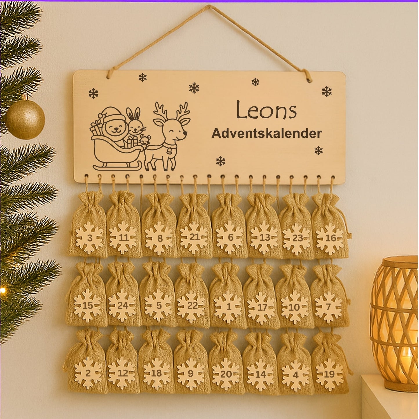 Personalisierter Adventskalender Holz - Kutsche mit Rentier - DwieDeko