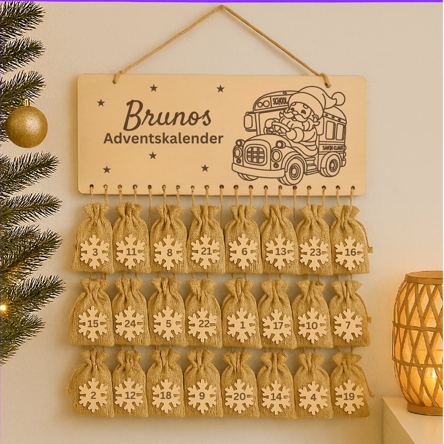 Personalisierter Adventskalender Holz - Nikolaus im Bus - DwieDeko