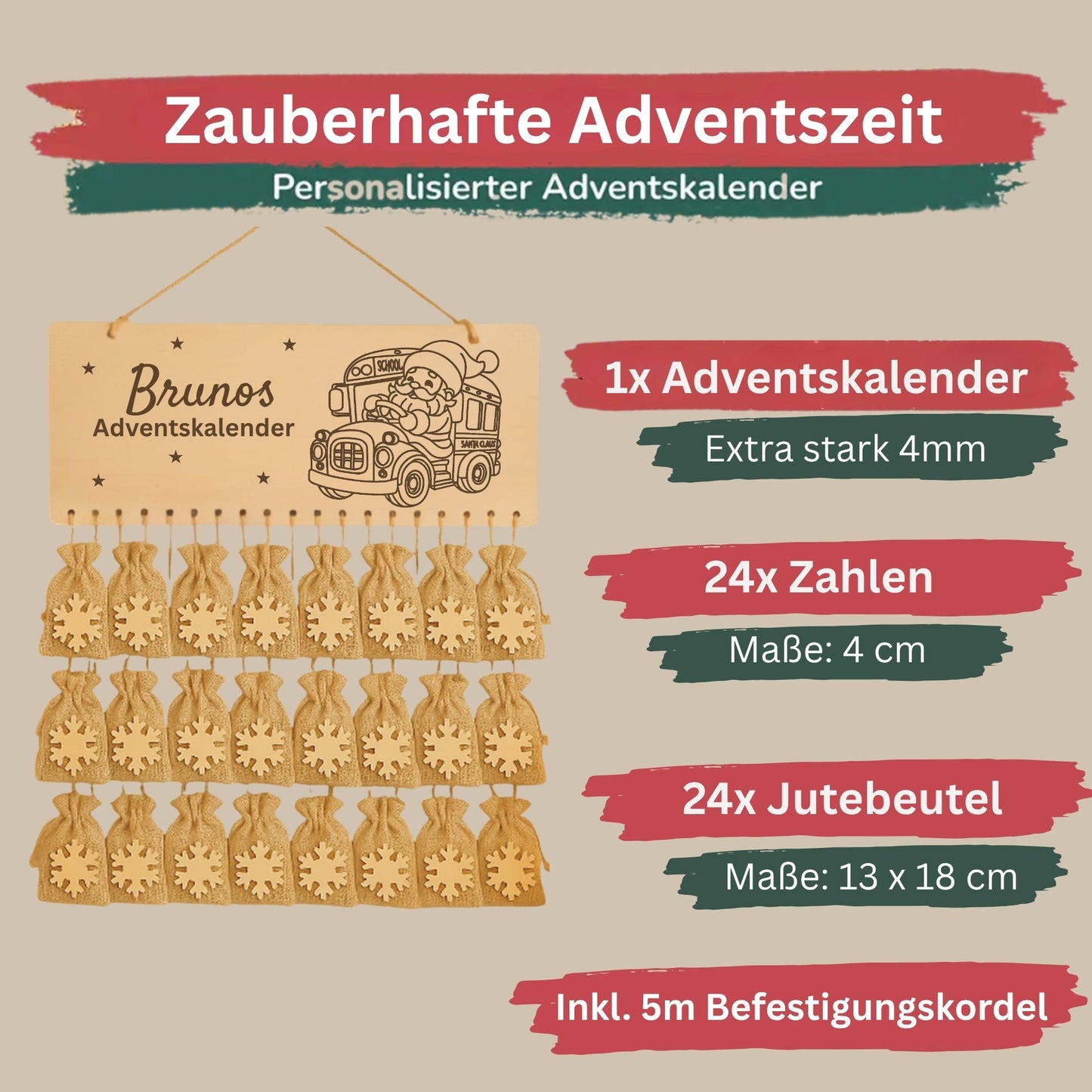 Personalisierter Adventskalender Holz - Nikolaus im Bus - DwieDeko