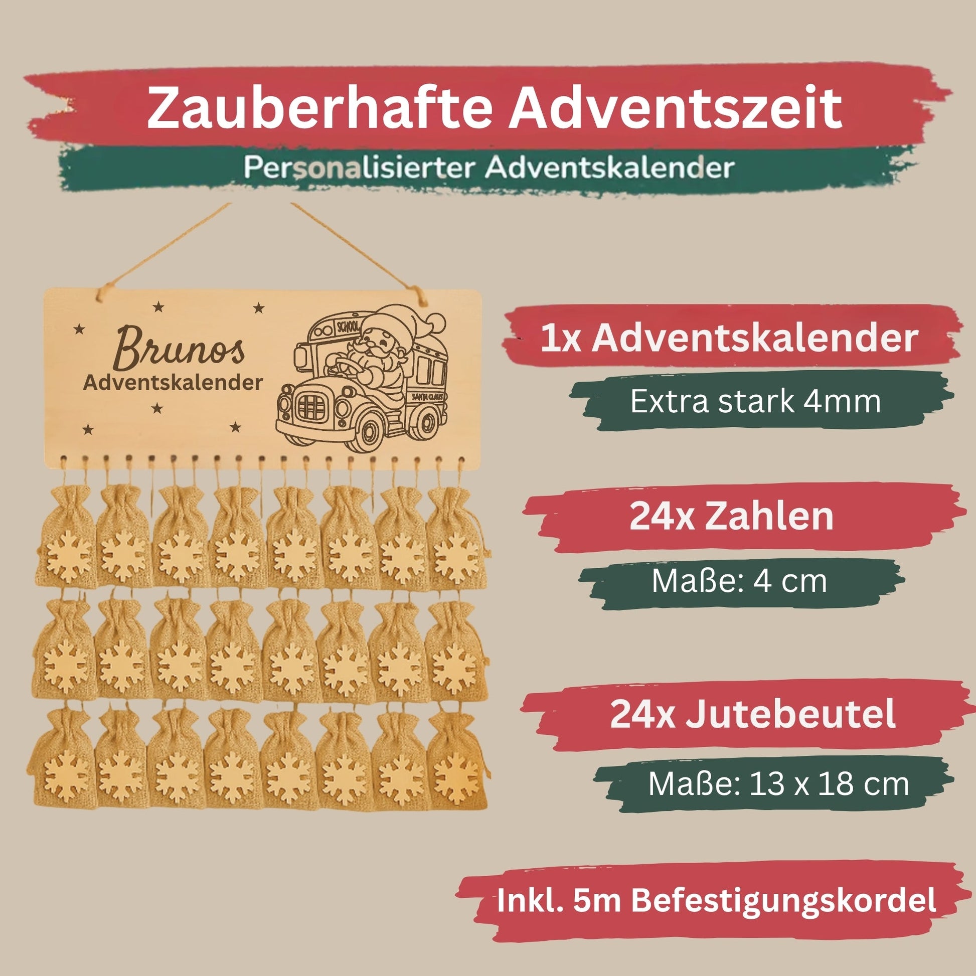 Personalisierter Adventskalender Holz - Nikolaus im Bus - DwieDeko