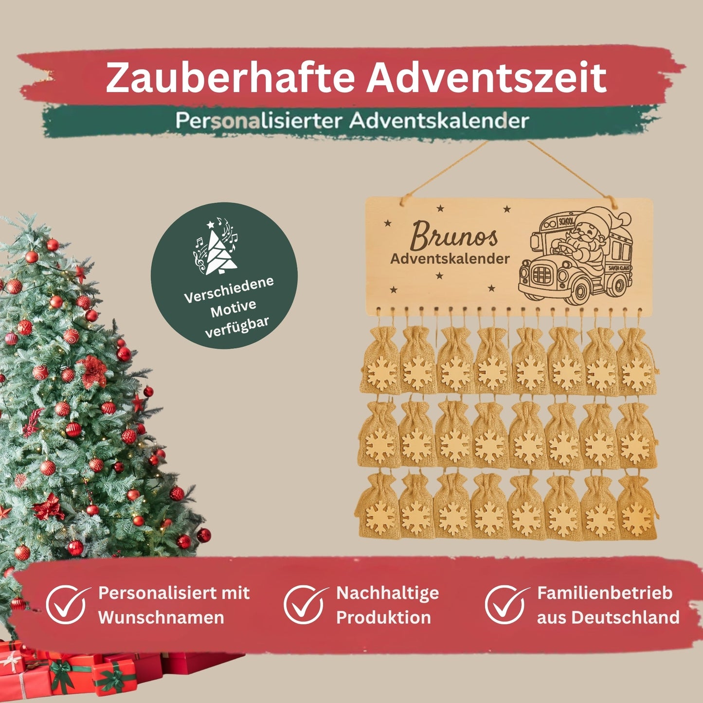 Personalisierter Adventskalender Holz - Nikolaus im Bus - DwieDeko