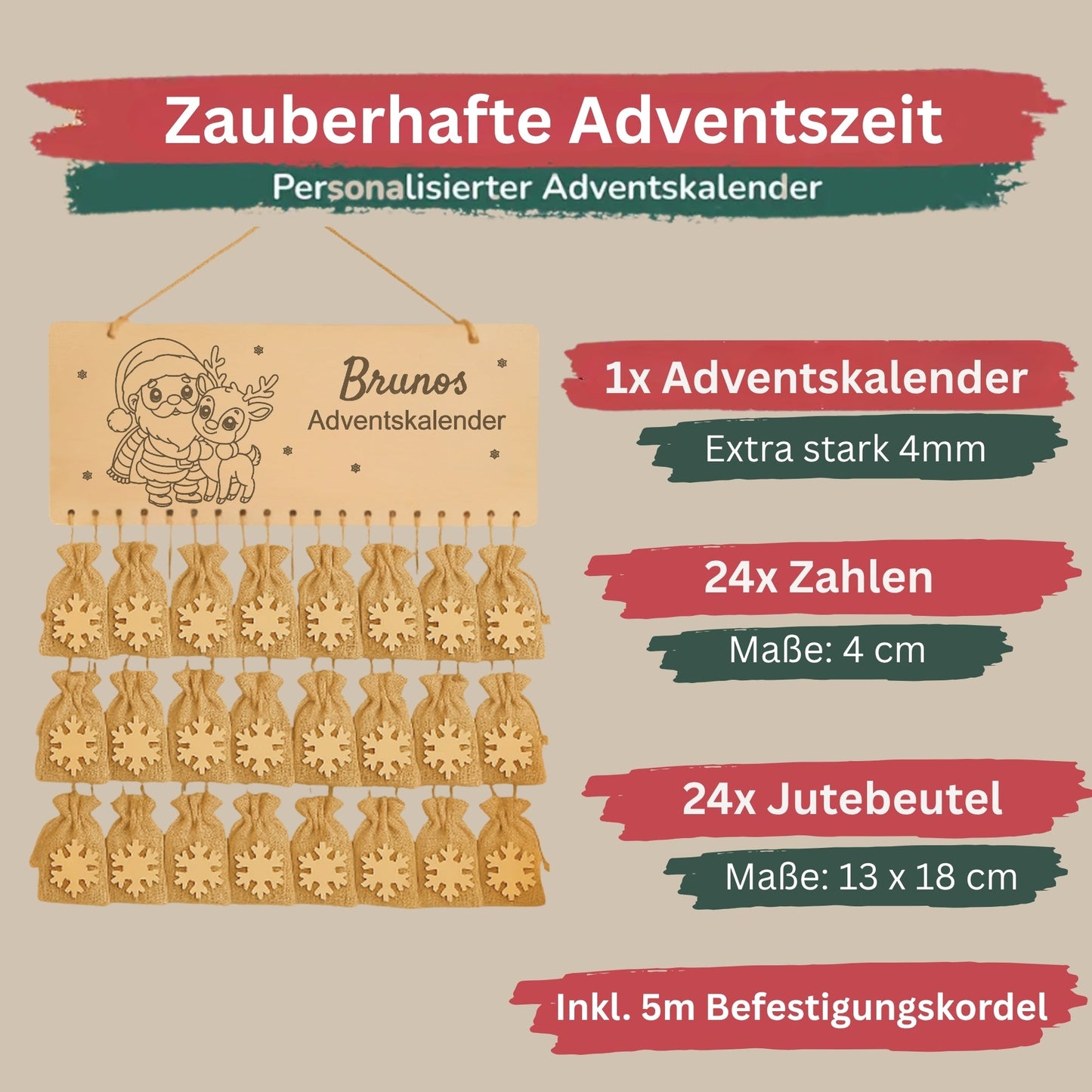 Personalisierter Adventskalender Holz - Nikolaus mit Rentier - DwieDeko