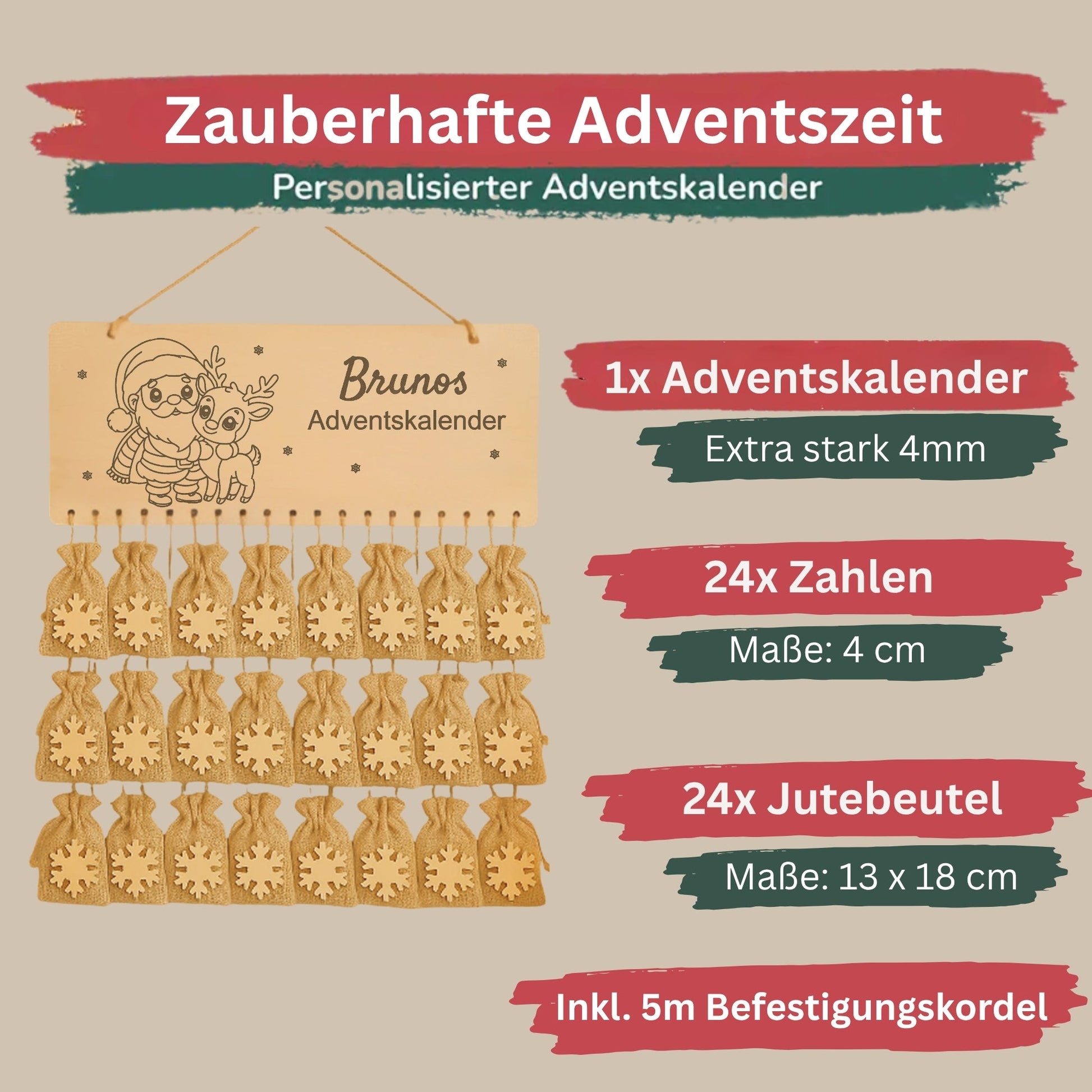Personalisierter Adventskalender Holz - Nikolaus mit Rentier - DwieDeko