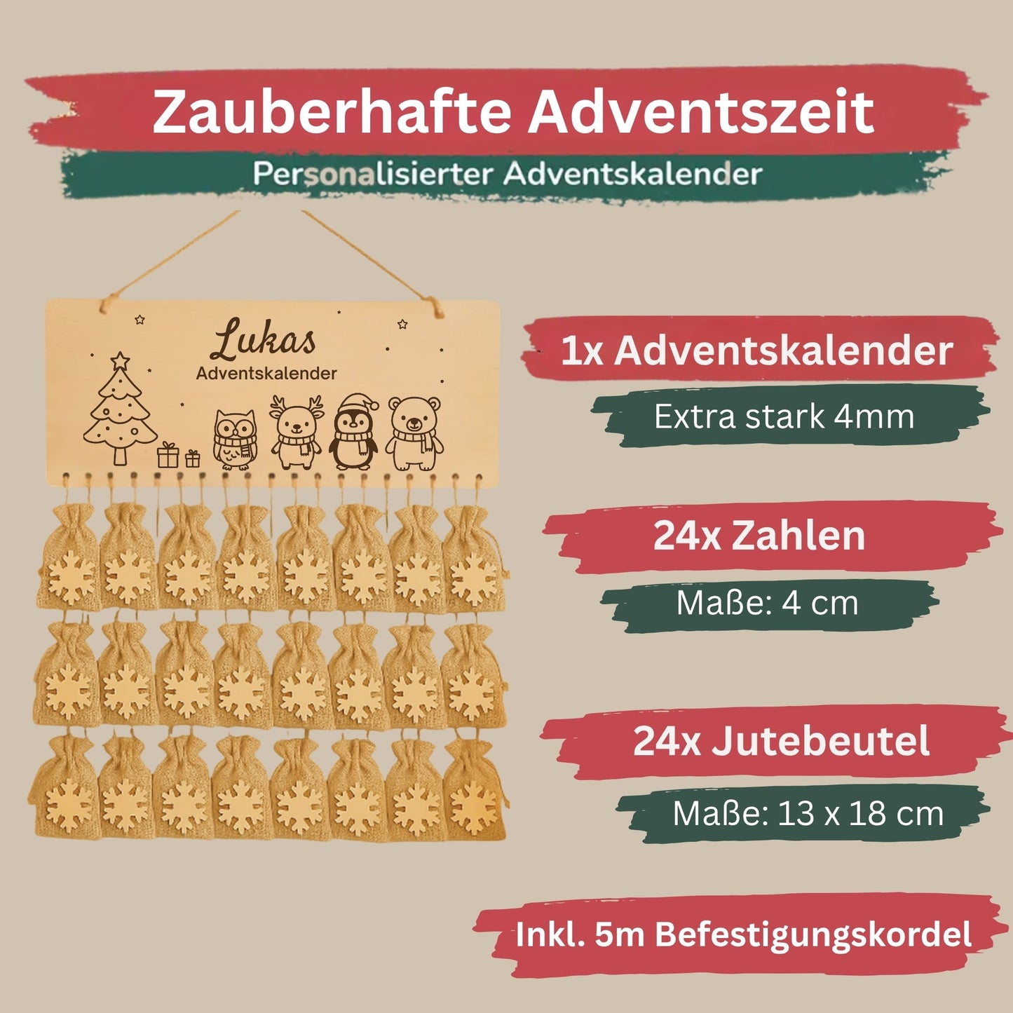 Personalisierter Adventskalender Holz - Tierfreunde zu Weihnachten - DwieDeko