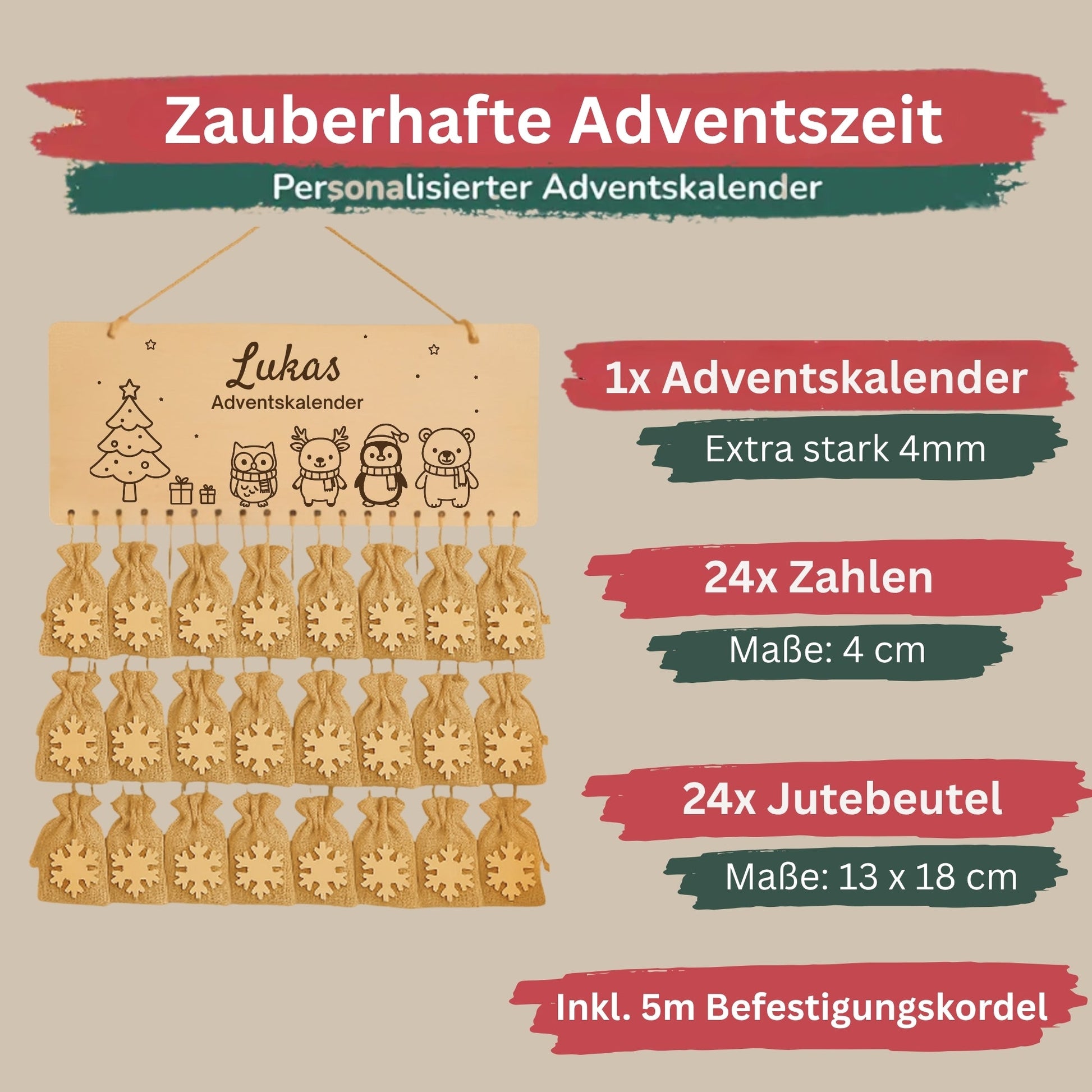 Personalisierter Adventskalender Holz - Tierfreunde zu Weihnachten - DwieDeko