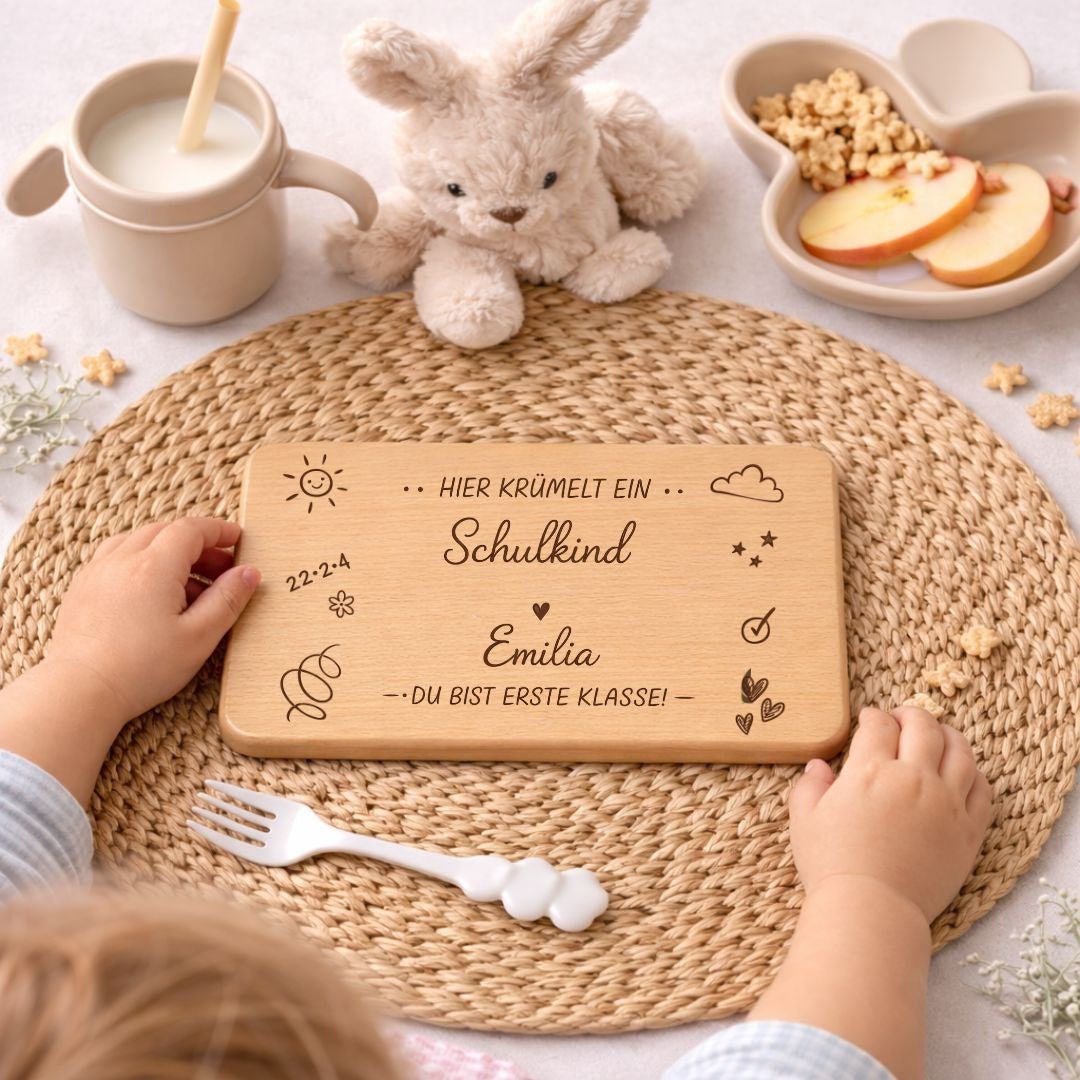 Personalisiertes Frühstücksbrettchen Schulkind mit Name – Geschenk zur Einschulung - DwieDeko