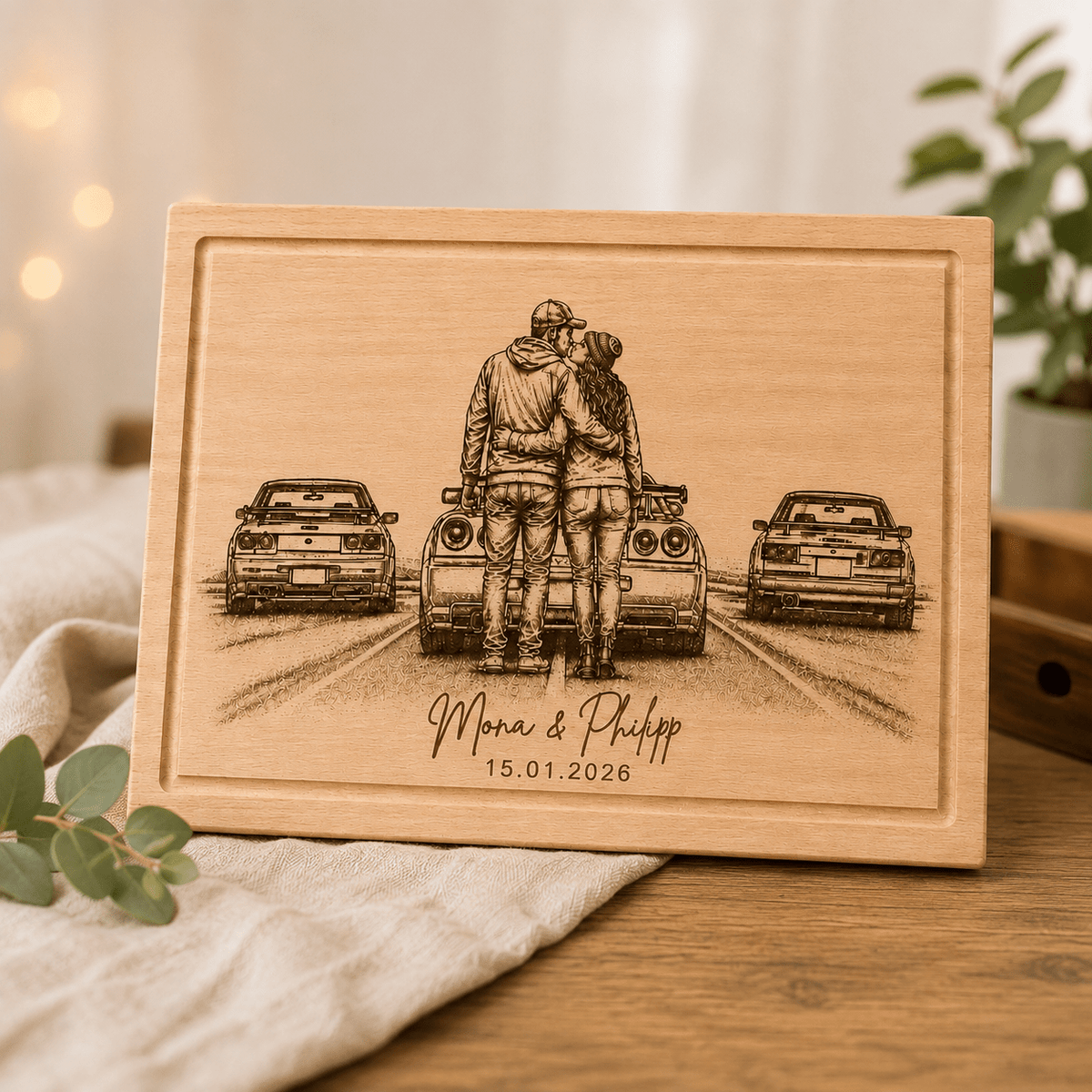 Personalisiertes Holzbrett mit Gravur – Schneidebrett mit Namen & Datum - DwieDeko