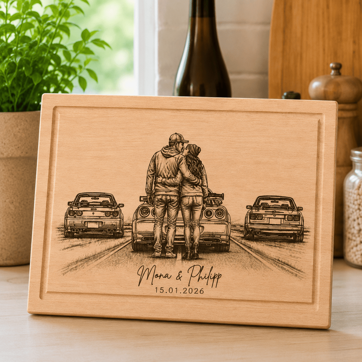 Personalisiertes Holzbrett mit Gravur – Schneidebrett mit Namen & Datum - DwieDeko